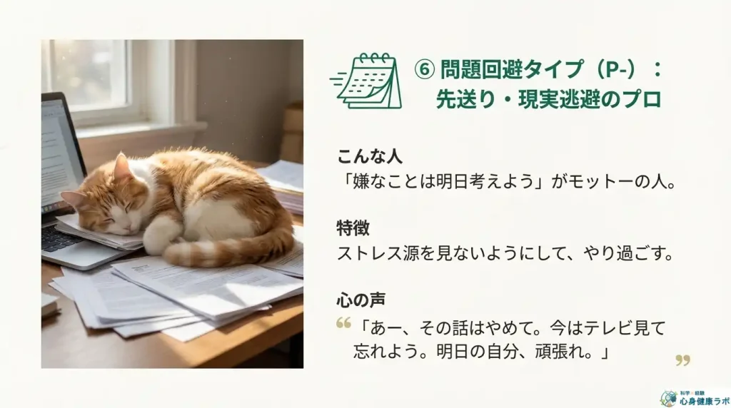 ⑥ 問題回避タイプ (P-):先送り・現実逃避のプロ