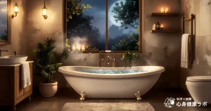 湯気が立ち上るバスタブと、リラックスした雰囲気のバスルームのイラスト。寝る前のお風呂、夜の浴室。入浴がよりよい睡眠をとるための鍵になることを暗示している。