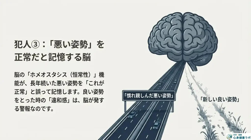 脳が悪い姿勢を正常と記憶することを説明する画像