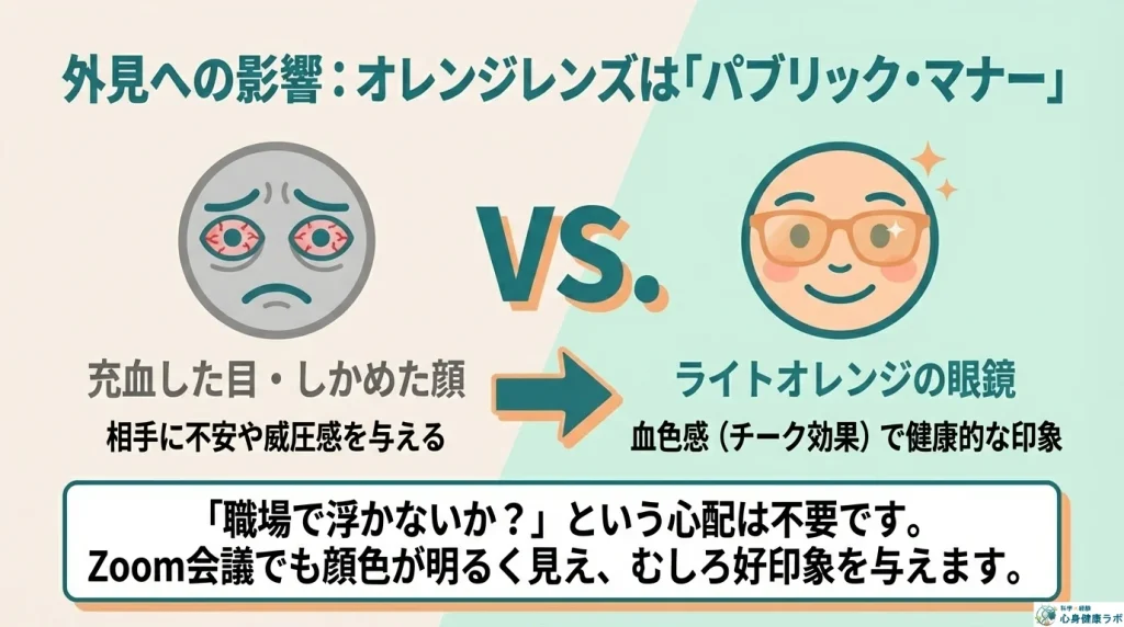 相手から目元が見える「ライトオレンジ」の眼鏡は、威圧感を与えず、健康的な印象を守るための「パブリック・マナー」でもあるのです。